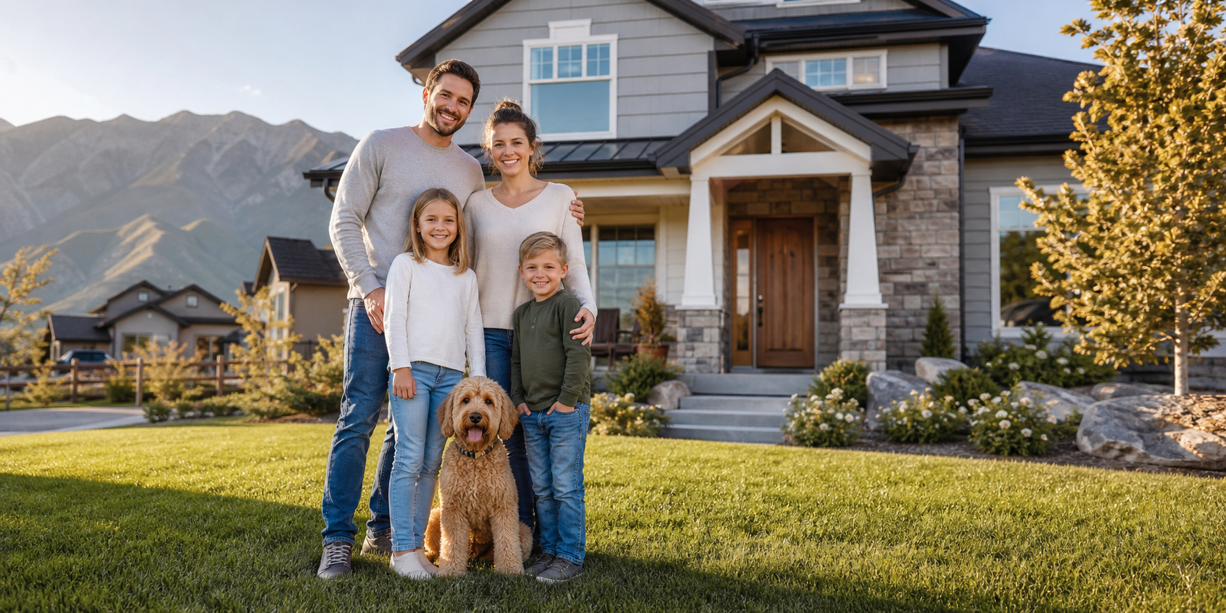 A smiling family with their dog standing outside a home